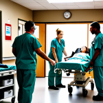 **A dynamic scene illustrating the teamwork between paramedics and ER doctors:** A brightly lit emergency room with paramedics handing off a patient on a stretcher to doctors and nurses. Focus on the clear communication and coordinated effort, showing empathy and professional expertise. Include medical equipment and monitors in the background. The overall feeling is one of urgent but controlled efficiency.