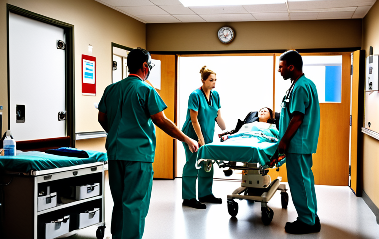 **A dynamic scene illustrating the teamwork between paramedics and ER doctors:** A brightly lit emergency room with paramedics handing off a patient on a stretcher to doctors and nurses. Focus on the clear communication and coordinated effort, showing empathy and professional expertise. Include medical equipment and monitors in the background. The overall feeling is one of urgent but controlled efficiency.