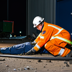 A professional emergency responder, fully clothed in a practical and modest rescue uniform, meticulously assesses a simulated accident scene at night in a challenging, complex industrial training environment. The scene features controlled debris and dim artificial lighting, ensuring safety. The responder's posture is natural and focused, demonstrating perfect anatomy and correct proportions. Professional photography, high-resolution, sharp focus, natural colors, safe for work, appropriate content, family-friendly.