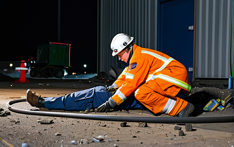A professional emergency responder, fully clothed in a practical and modest rescue uniform, meticulously assesses a simulated accident scene at night in a challenging, complex industrial training environment. The scene features controlled debris and dim artificial lighting, ensuring safety. The responder's posture is natural and focused, demonstrating perfect anatomy and correct proportions. Professional photography, high-resolution, sharp focus, natural colors, safe for work, appropriate content, family-friendly.