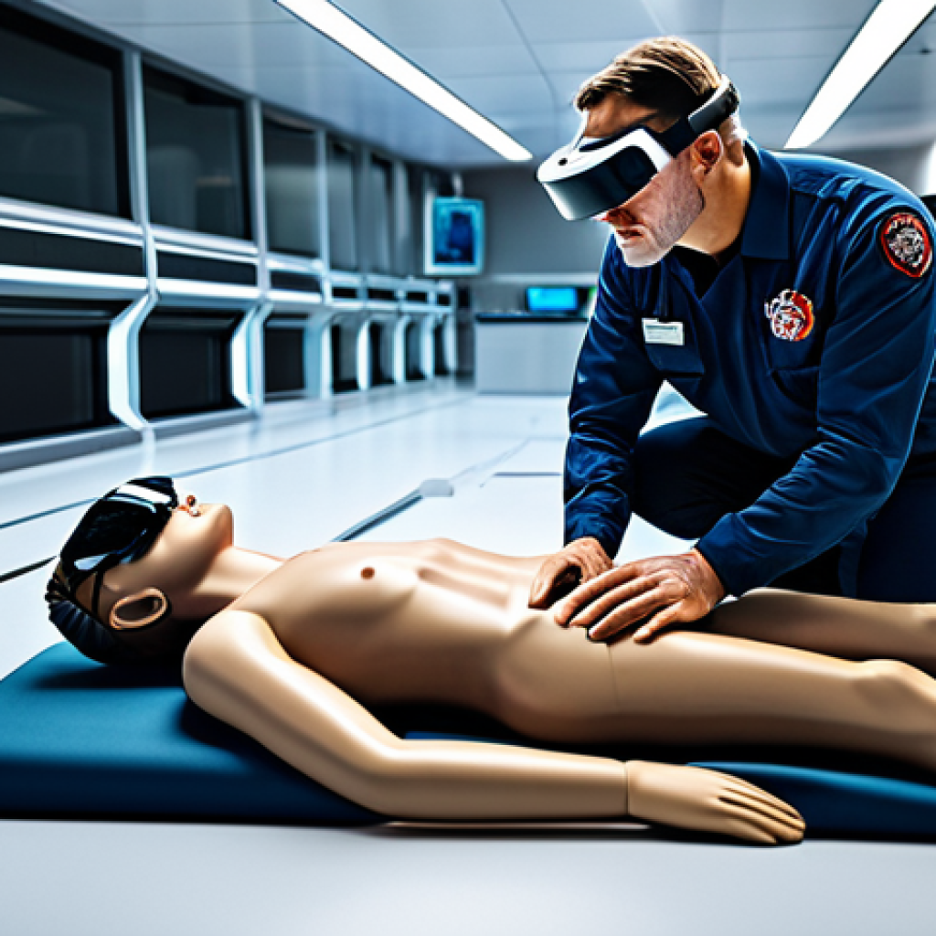 A group of professional emergency responders in clean, fully equipped uniforms. One responder wears a VR headset, deeply immersed in a simulated chaotic highway accident, reaching out as if interacting with virtual elements. Another responder examines a highly realistic, high-fidelity medical mannequin, checking its simulated pulse. They are in a pristine, futuristic simulation training center with advanced medical training equipment. The atmosphere is focused and professional. high detail, cinematic lighting, professional photography, realistic rendering, perfect anatomy, correct proportions, natural pose, well-formed hands, proper finger count, natural body proportions, safe for work, appropriate content, fully clothed, professional dress, modest clothing, family-friendly.