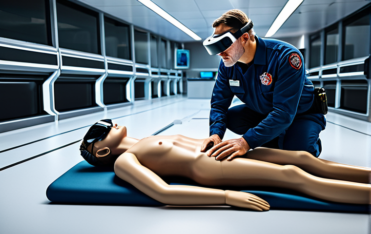 A group of professional emergency responders in clean, fully equipped uniforms. One responder wears a VR headset, deeply immersed in a simulated chaotic highway accident, reaching out as if interacting with virtual elements. Another responder examines a highly realistic, high-fidelity medical mannequin, checking its simulated pulse. They are in a pristine, futuristic simulation training center with advanced medical training equipment. The atmosphere is focused and professional. high detail, cinematic lighting, professional photography, realistic rendering, perfect anatomy, correct proportions, natural pose, well-formed hands, proper finger count, natural body proportions, safe for work, appropriate content, fully clothed, professional dress, modest clothing, family-friendly.