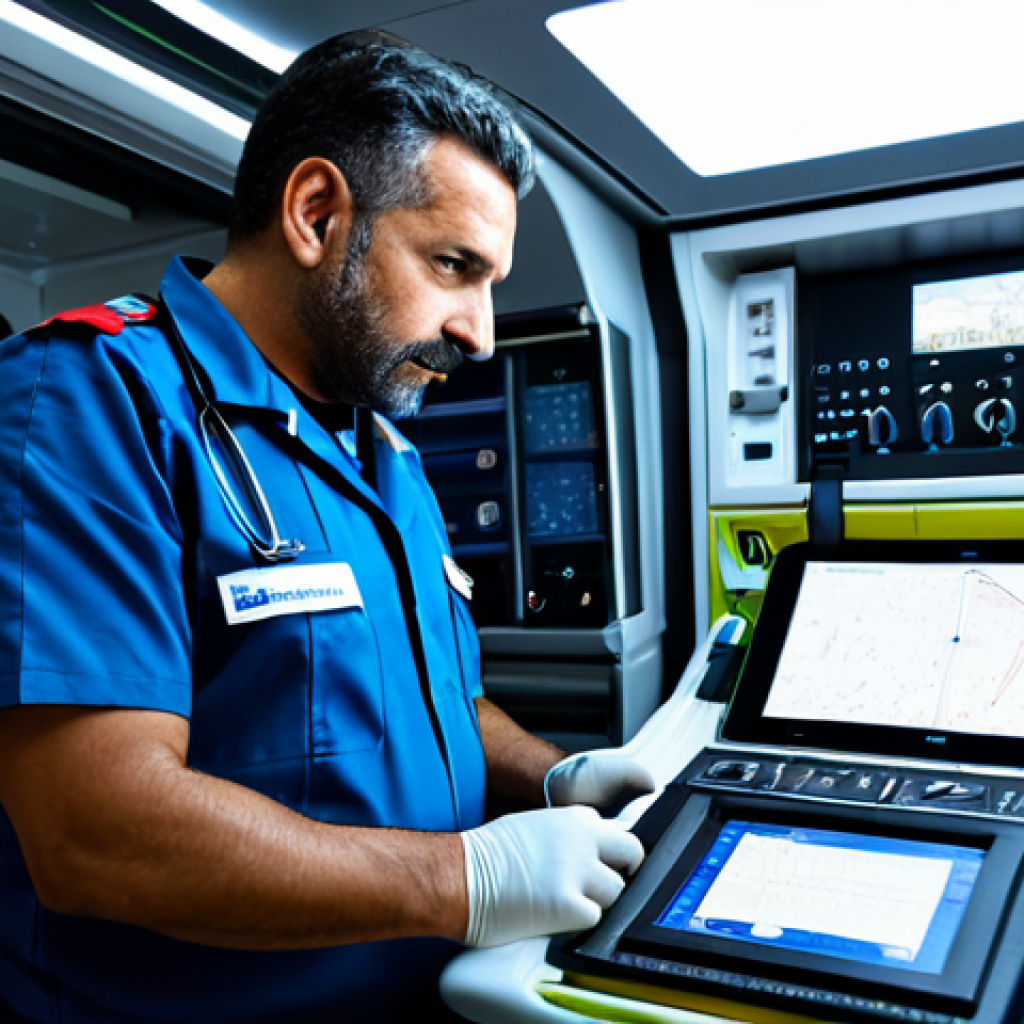 A highly professional Italian paramedic, wearing a clean, modern, fully clothed emergency uniform with appropriate attire, standing inside a state-of-the-art ambulance. The paramedic is attentively checking advanced medical equipment, such as a multi-parametric monitor, demonstrating expertise and focus. The ambulance interior is well-lit, futuristic, and equipped with medical technology. Perfect anatomy, correct proportions, natural pose, well-formed hands, proper finger count. Professional photography, high quality, safe for work, appropriate content, modest, family-friendly.