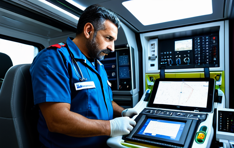 A highly professional Italian paramedic, wearing a clean, modern, fully clothed emergency uniform with appropriate attire, standing inside a state-of-the-art ambulance. The paramedic is attentively checking advanced medical equipment, such as a multi-parametric monitor, demonstrating expertise and focus. The ambulance interior is well-lit, futuristic, and equipped with medical technology. Perfect anatomy, correct proportions, natural pose, well-formed hands, proper finger count. Professional photography, high quality, safe for work, appropriate content, modest, family-friendly.
