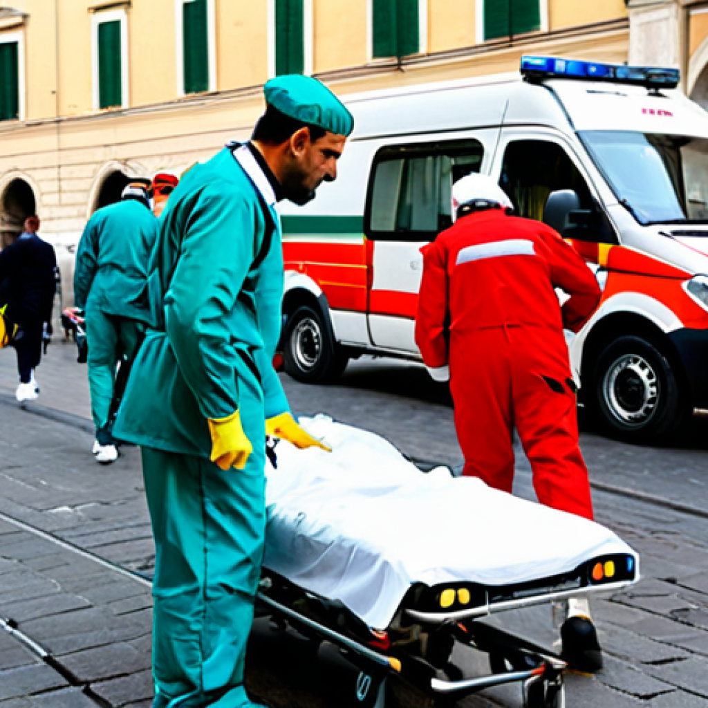 A professional Italian 118 emergency medical team, including paramedics and a doctor, in their distinctive red and white uniforms, calmly and efficiently responding to a cardiac emergency on a bustling city street in Italy. One team member is attentively caring for a fully clothed patient on the ground, while another prepares essential medical equipment from an open ambulance. The background features classic Italian urban architecture, with a blurred sense of a respectful crowd at a distance. The scene conveys professionalism, coordination, and a focused, humane approach under pressure. Safe for work, appropriate content, fully clothed, professional dress, modest clothing, appropriate attire, perfect anatomy, correct proportions, natural pose, well-formed hands, proper finger count, natural body proportions, professional photography, high quality.