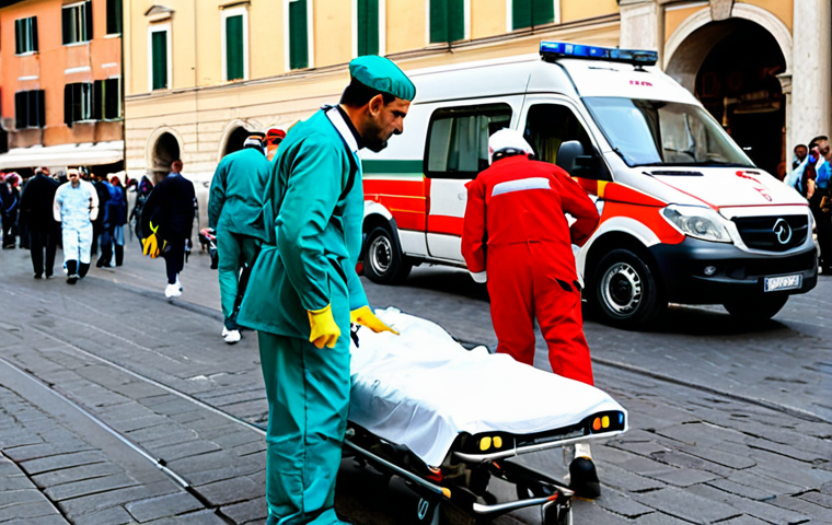 A professional Italian 118 emergency medical team, including paramedics and a doctor, in their distinctive red and white uniforms, calmly and efficiently responding to a cardiac emergency on a bustling city street in Italy. One team member is attentively caring for a fully clothed patient on the ground, while another prepares essential medical equipment from an open ambulance. The background features classic Italian urban architecture, with a blurred sense of a respectful crowd at a distance. The scene conveys professionalism, coordination, and a focused, humane approach under pressure. Safe for work, appropriate content, fully clothed, professional dress, modest clothing, appropriate attire, perfect anatomy, correct proportions, natural pose, well-formed hands, proper finger count, natural body proportions, professional photography, high quality.