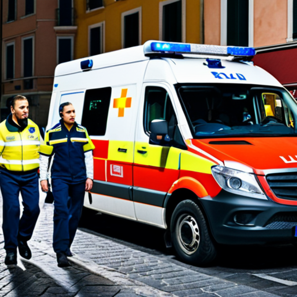 Ambulance Crew Responding**
"A professional ambulance crew (paramedic, nurse, driver) in Italy responding to an emergency call in a bustling city street, fully clothed in appropriate uniform, ambulance with lights flashing in the background, safe for work, perfect anatomy, natural proportions, professional photography, family-friendly, appropriate content, high quality."
**
