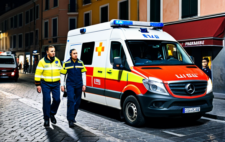 Ambulance Crew Responding**

"A professional ambulance crew (paramedic, nurse, driver) in Italy responding to an emergency call in a bustling city street, fully clothed in appropriate uniform, ambulance with lights flashing in the background, safe for work, perfect anatomy, natural proportions, professional photography, family-friendly, appropriate content, high quality."

**