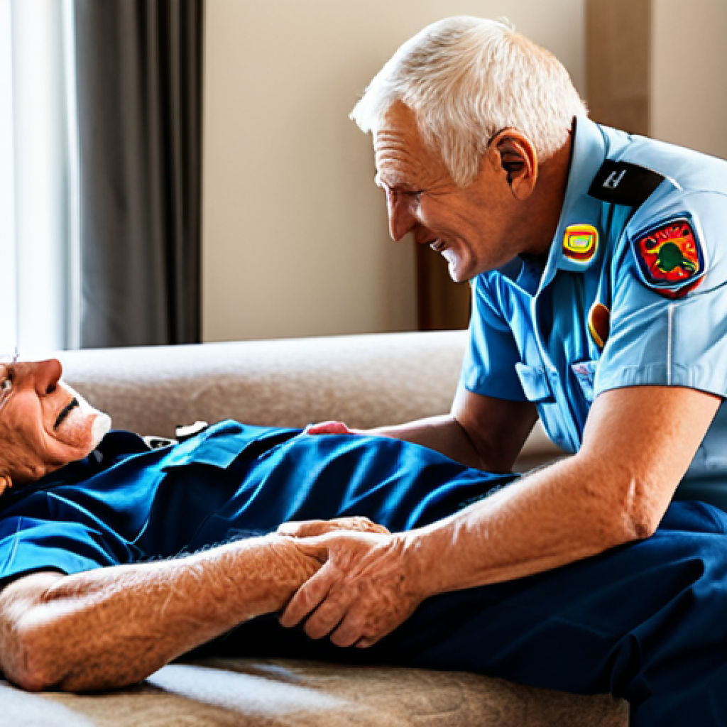 **

"A dedicated paramedic, fully clothed in professional uniform, assisting an elderly man who has fallen in his home. The setting is a cozy, well-lit living room. Focus on the paramedic's empathetic expression and the calm reassurance he offers. Perfect anatomy, correct proportions, well-formed hands, natural pose, safe for work, appropriate content, professional, modest, family-friendly."

**