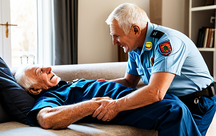 **

"A dedicated paramedic, fully clothed in professional uniform, assisting an elderly man who has fallen in his home. The setting is a cozy, well-lit living room. Focus on the paramedic's empathetic expression and the calm reassurance he offers. Perfect anatomy, correct proportions, well-formed hands, natural pose, safe for work, appropriate content, professional, modest, family-friendly."

**