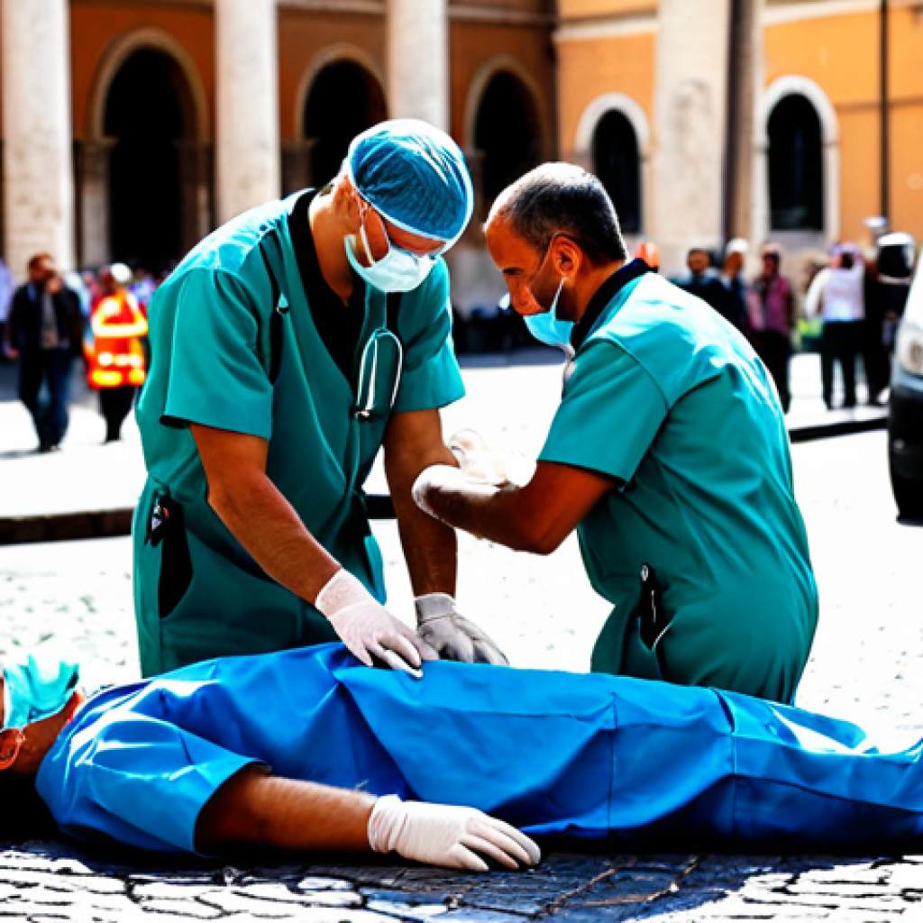 **

A team of professional paramedics in modest, functional uniforms attending to a patient in a bustling city square in Rome, Italy. The scene includes concerned bystanders and ambulance. Focus on teamwork, calm professionalism, and use of modern medical equipment. Fully clothed, appropriate content, safe for work, perfect anatomy, correct proportions, natural pose, professional medical scene, high quality.

**