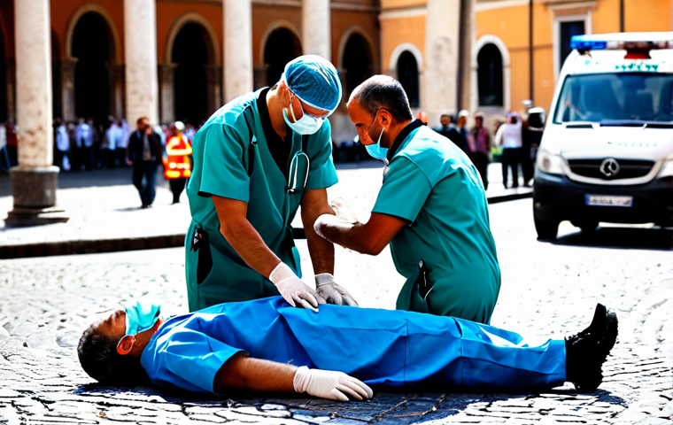 **

A team of professional paramedics in modest, functional uniforms attending to a patient in a bustling city square in Rome, Italy. The scene includes concerned bystanders and ambulance. Focus on teamwork, calm professionalism, and use of modern medical equipment. Fully clothed, appropriate content, safe for work, perfect anatomy, correct proportions, natural pose, professional medical scene, high quality.

**