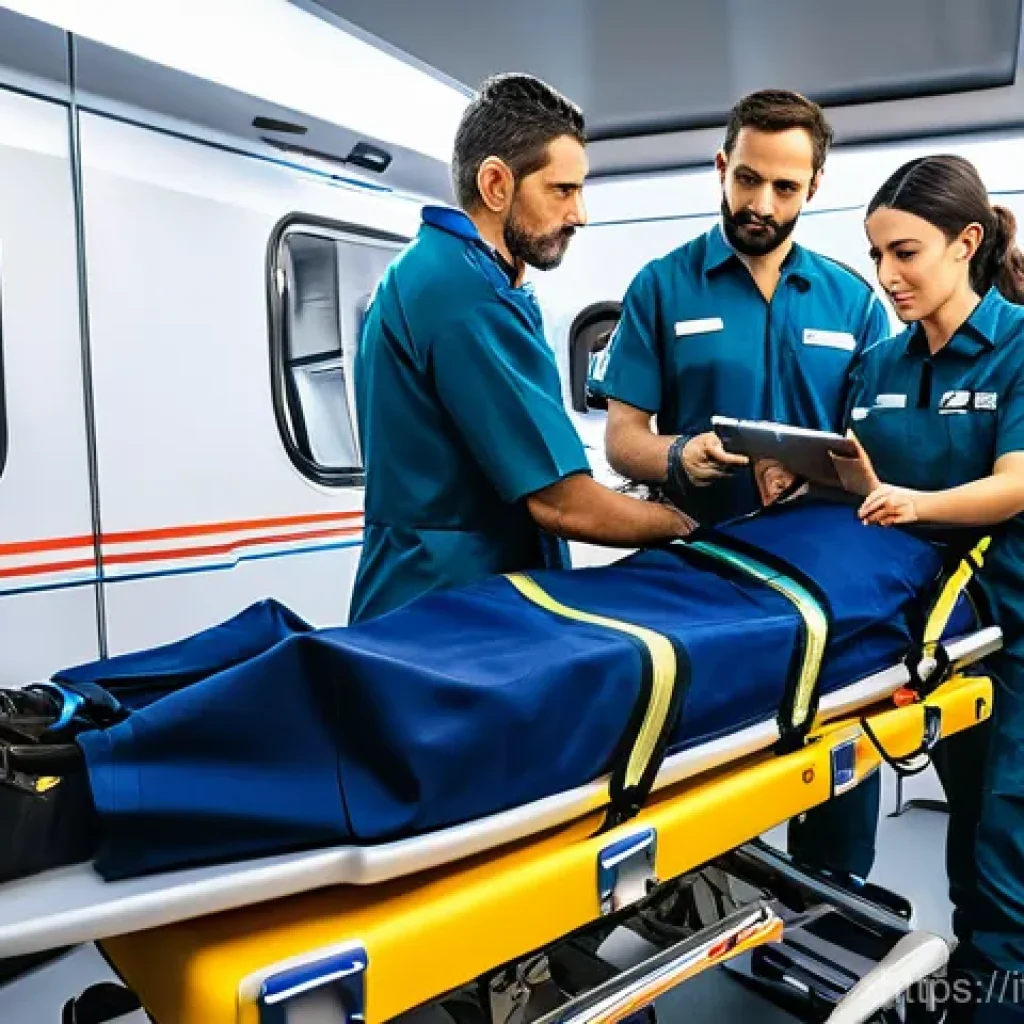 응급구조사 실무 장비 - "A team of two Italian paramedics, one male and one female, both dressed in clean, professional dark...