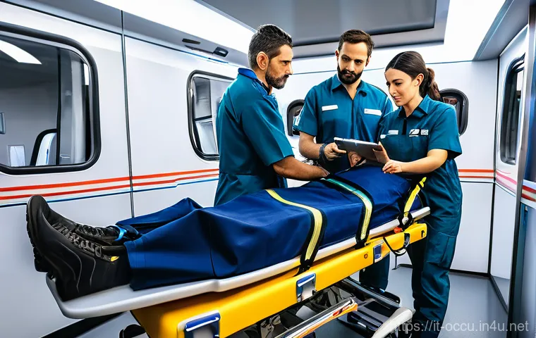 응급구조사 실무 장비 - "A team of two Italian paramedics, one male and one female, both dressed in clean, professional dark...