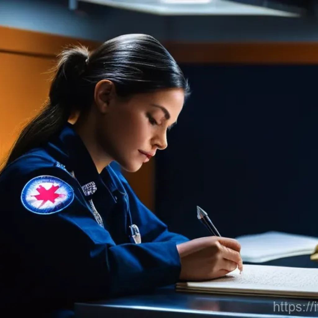 응급구조사 직무 피드백 활용법 - A dedicated female emergency medical technician (EMT) in her early 30s, wearing a clean, dark blue u...