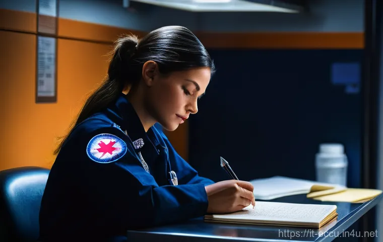 응급구조사 직무 피드백 활용법 - A dedicated female emergency medical technician (EMT) in her early 30s, wearing a clean, dark blue u...