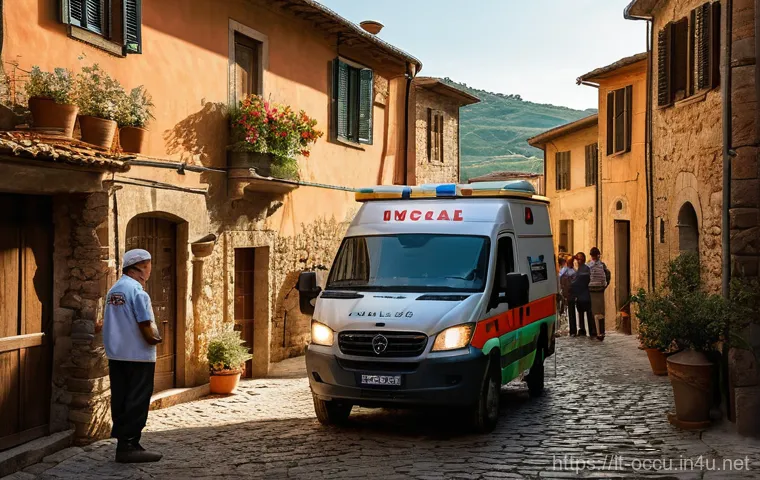 응급구조사 근무 지역별 주요 특징 - **Urban Emergency in Rome:** A dynamic, wide-angle shot capturing an Italian ambulance with its dist...