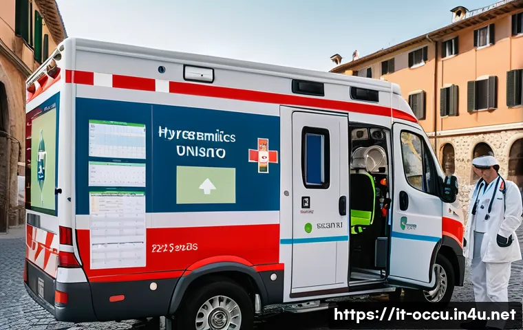 응급구조사 복리후생 - A group of diverse paramedics in Italy working together inside a modern ambulance during a shift cha...