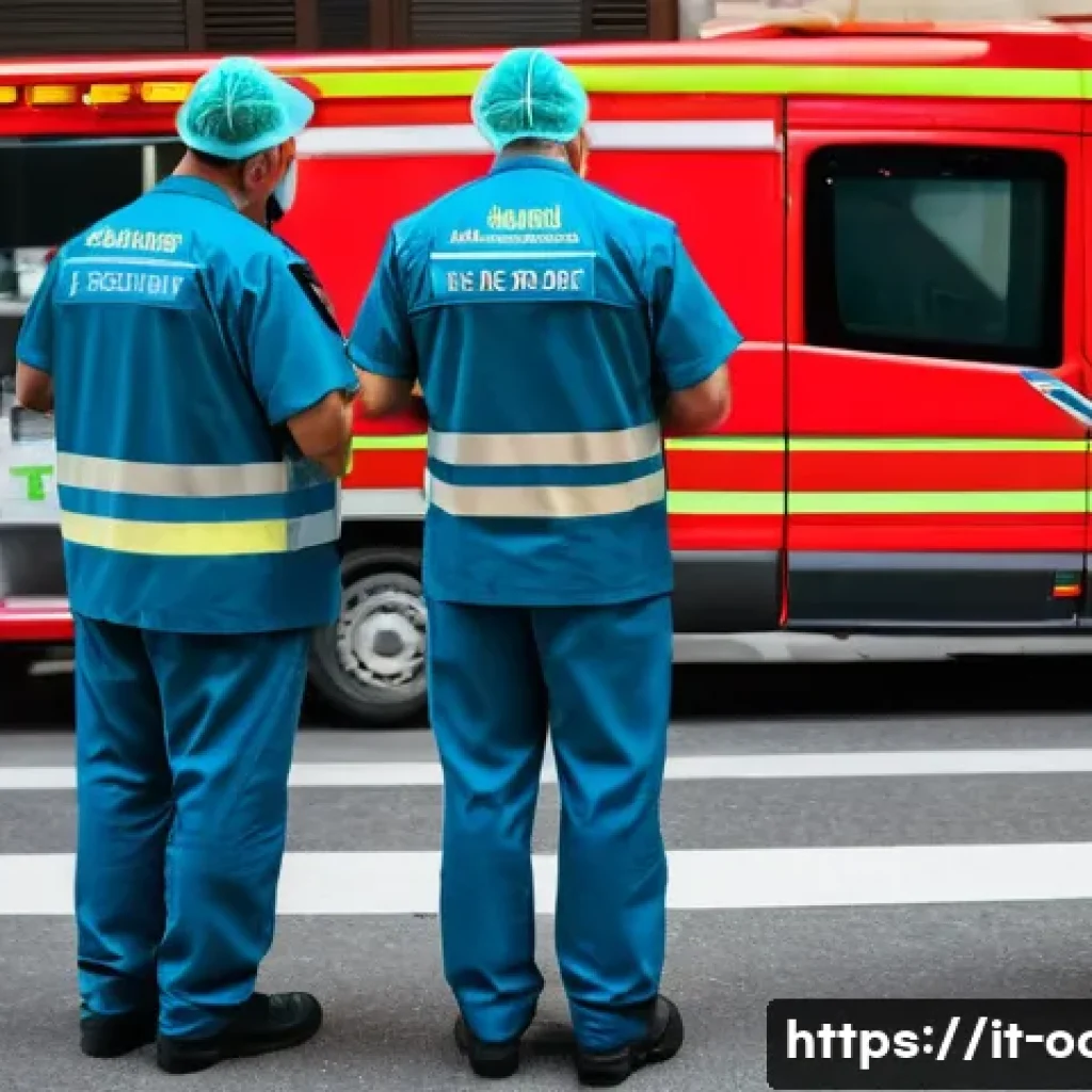 응급구조사와 의료 데이터 활용 - A detailed scene showing emergency medical responders in a bustling Italian urban environment using ...