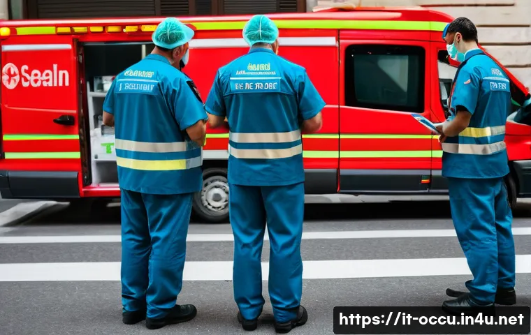 응급구조사와 의료 데이터 활용 - A detailed scene showing emergency medical responders in a bustling Italian urban environment using ...