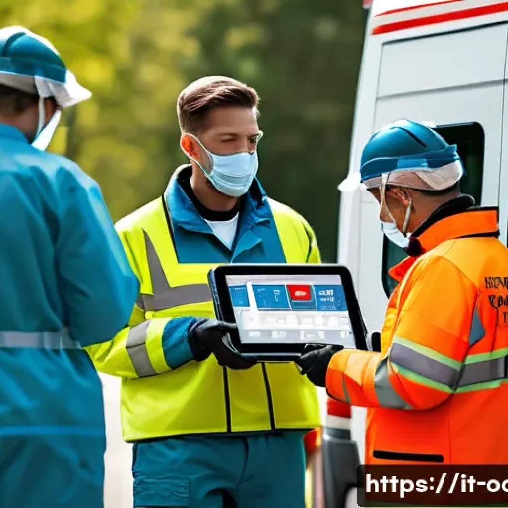 응급구조사 직무의 최신 트렌드 - A detailed scene of emergency medical responders wearing advanced smart wearable devices such as wri...