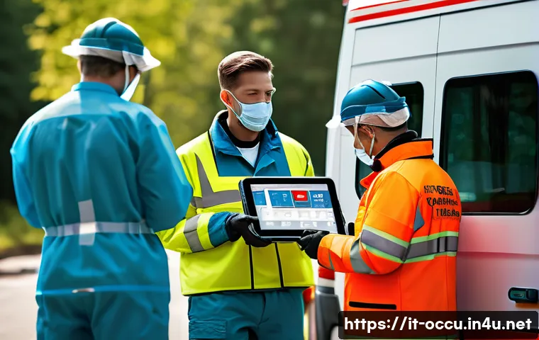 응급구조사 직무의 최신 트렌드 - A detailed scene of emergency medical responders wearing advanced smart wearable devices such as wri...