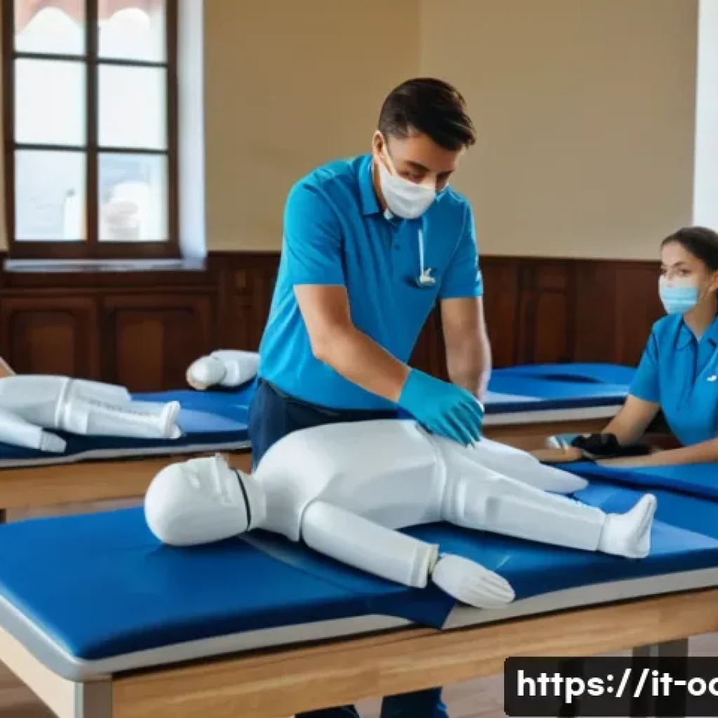 응급구조사 자격증 유지 비용 - A detailed scene of an Italian first aid training classroom with adult volunteers wearing appropriat...