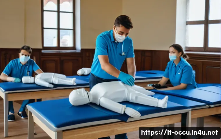 응급구조사 자격증 유지 비용 - A detailed scene of an Italian first aid training classroom with adult volunteers wearing appropriat...