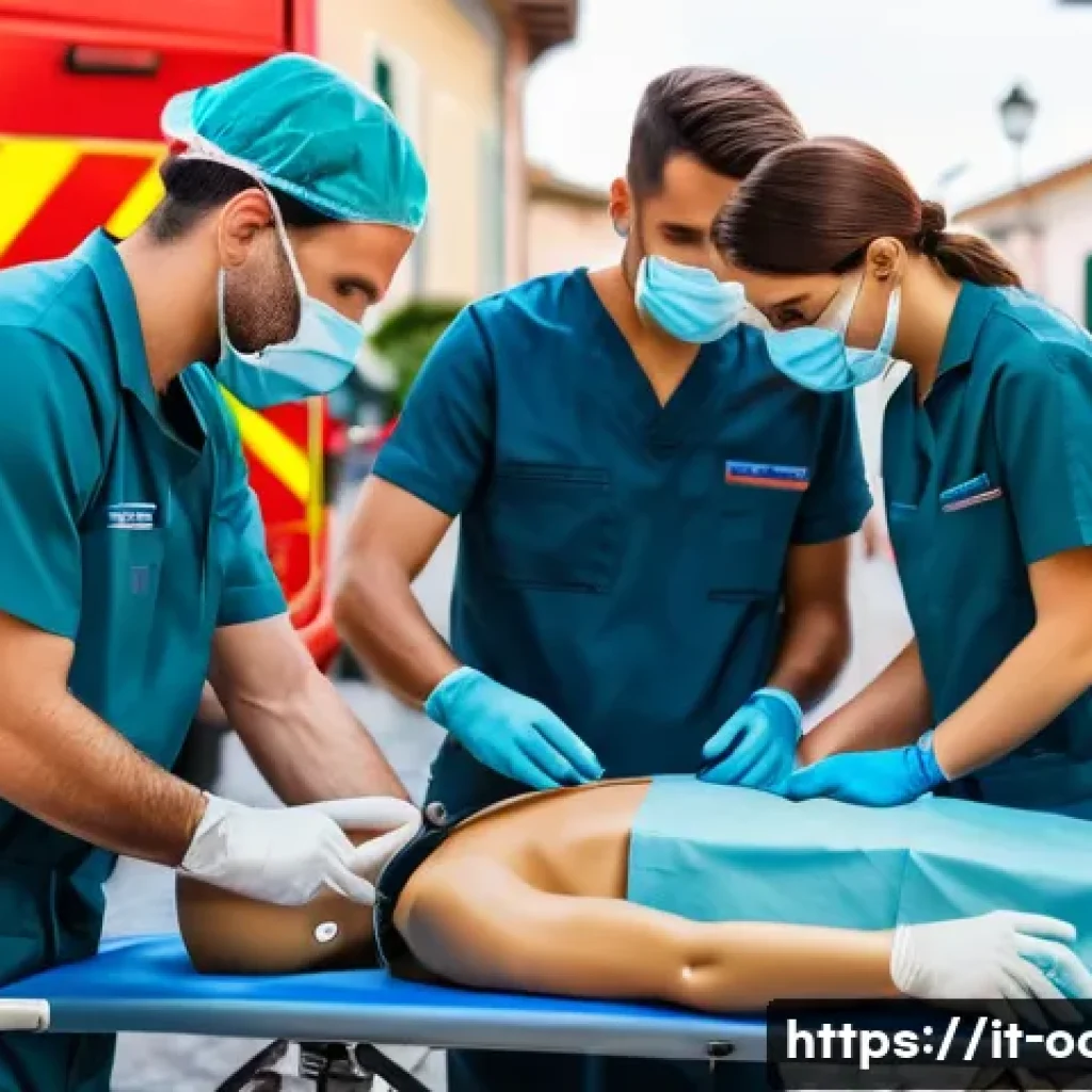 응급구조사와 윤리적 문제 해결 - A professional emergency medical team performing a patient assessment at an accident scene in Italy,...