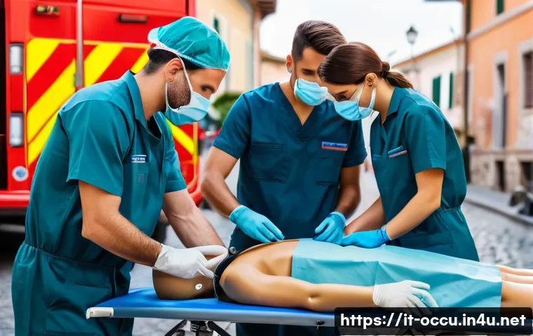응급구조사와 윤리적 문제 해결 - A professional emergency medical team performing a patient assessment at an accident scene in Italy,...