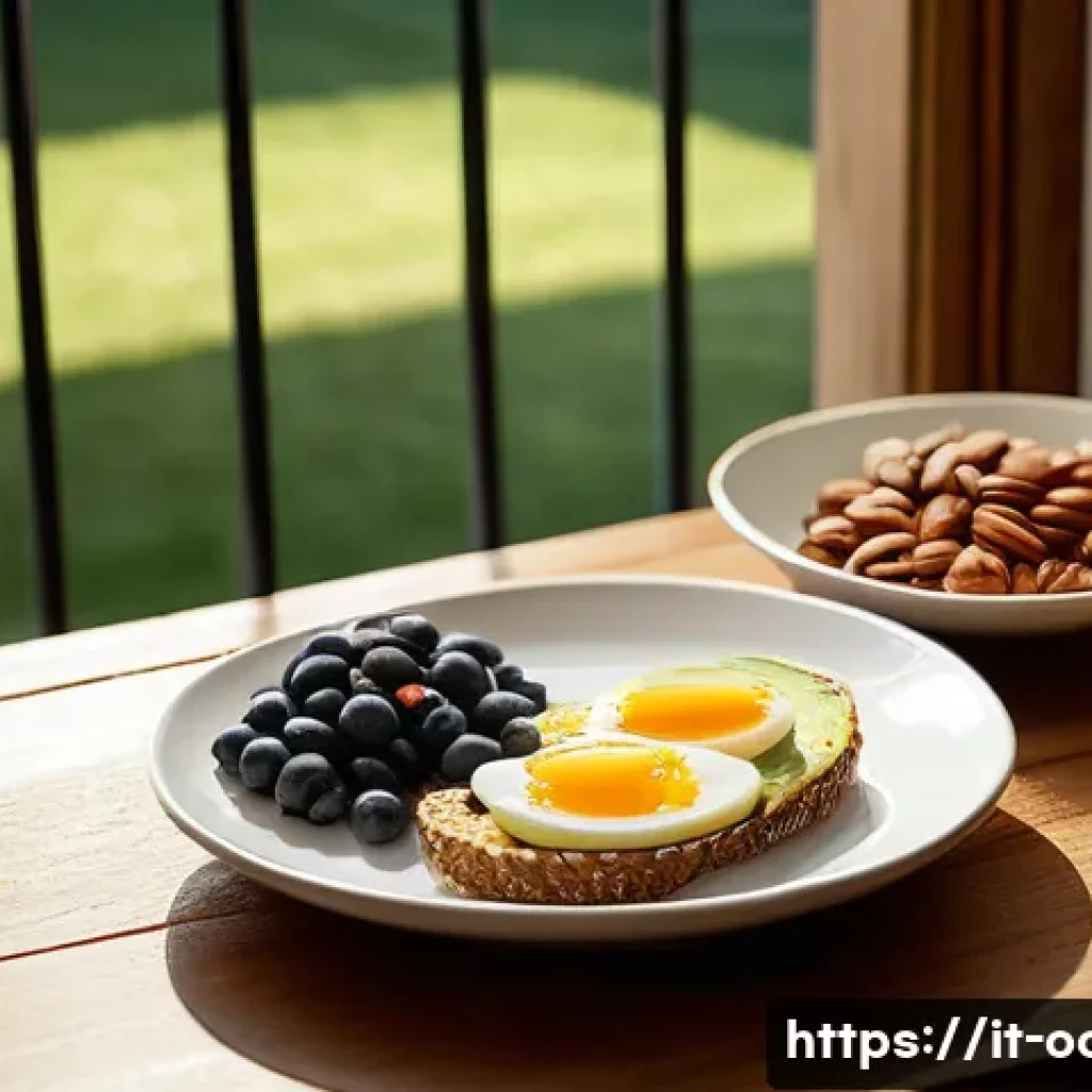 응급구조사 근무 중 영양관리 - A vibrant and detailed breakfast scene in an Italian kitchen, featuring a balanced meal on a rustic ...
