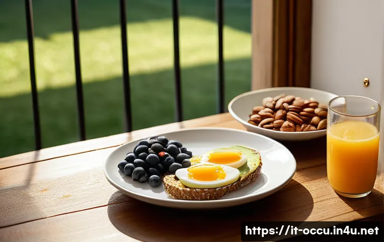 응급구조사 근무 중 영양관리 - A vibrant and detailed breakfast scene in an Italian kitchen, featuring a balanced meal on a rustic ...