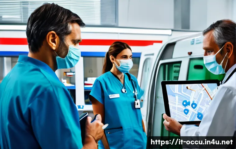 응급구조사와 병원 연계 사례 - A highly detailed scene inside an Italian emergency response center showing paramedics and hospital ...