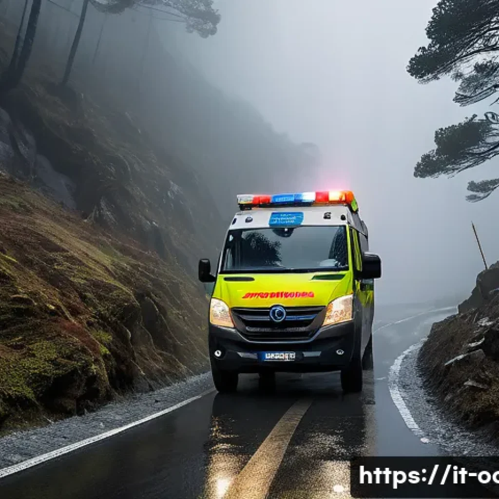 응급구조사 출동 중 발생한 문제 해결법 - A dynamic scene of an Italian emergency response team navigating a narrow, winding mountain road dur...