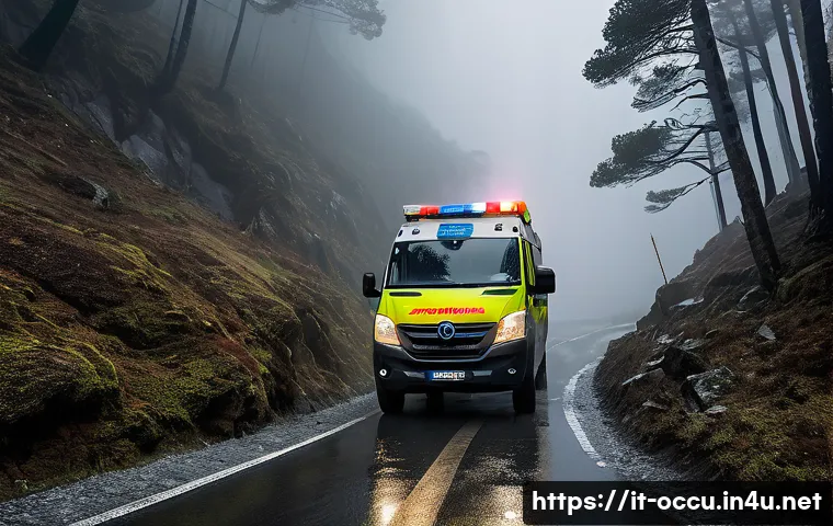 응급구조사 출동 중 발생한 문제 해결법 - A dynamic scene of an Italian emergency response team navigating a narrow, winding mountain road dur...