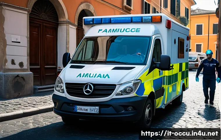 응급구조사 근무환경 - A detailed scene of an Italian emergency medical team in action inside a modern ambulance navigating...