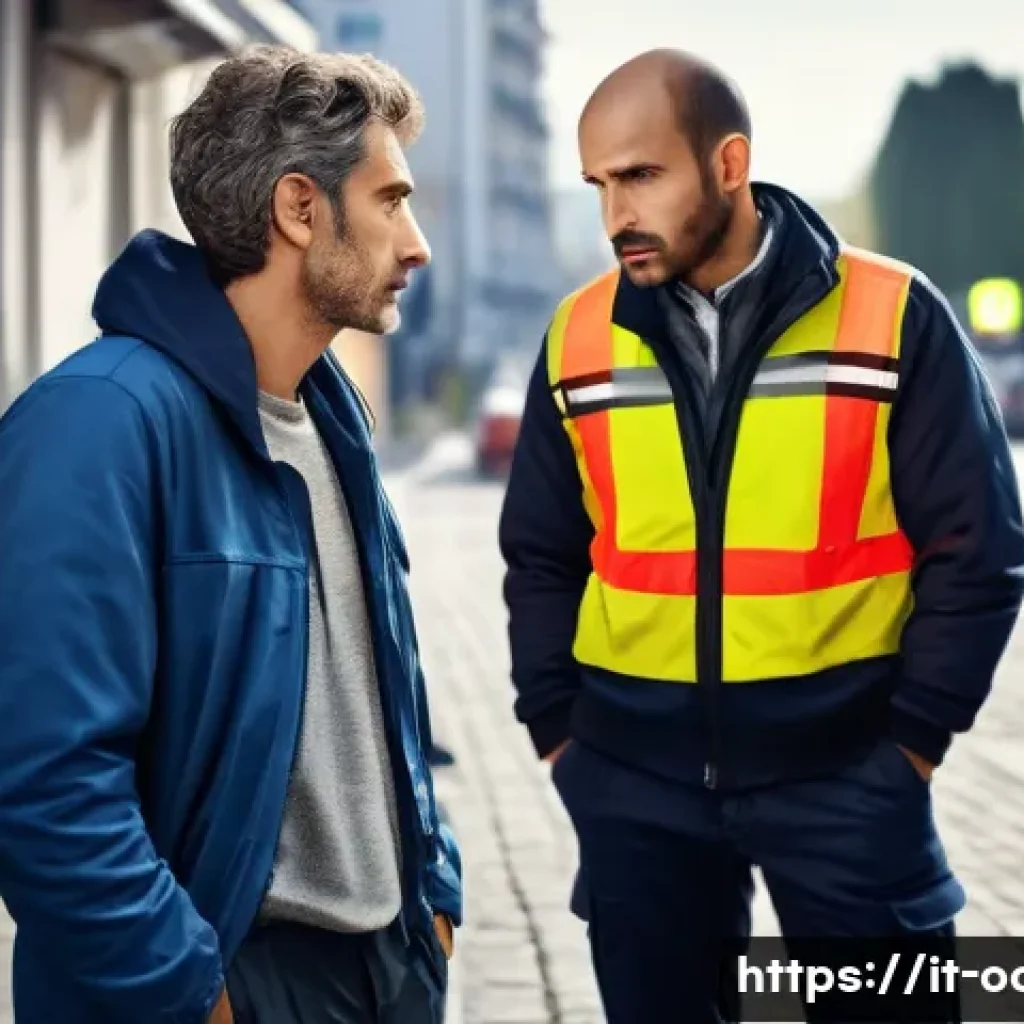 응급구조사와 정신건강 - A calm emergency responder in modern Italian urban setting, attentively listening with empathetic ex...