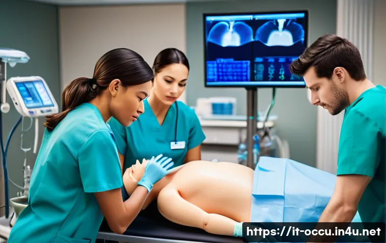 응급구조사 논술 시험 준비 - A professional emergency nurse in modern hospital emergency room setting, wearing clean medical scru...