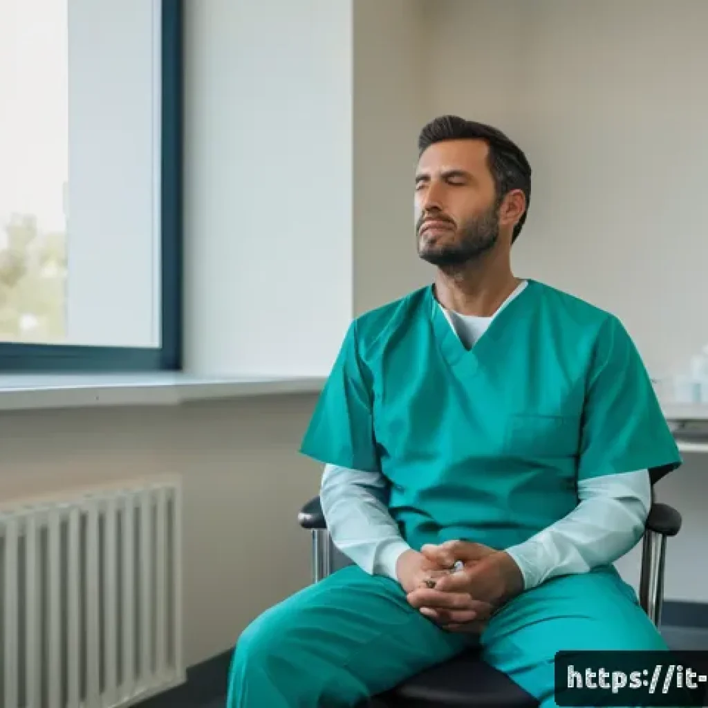 응급구조사 직무 스트레스 관리 - A professional emergency worker in a modern Italian hospital break room, sitting calmly on a chair p...