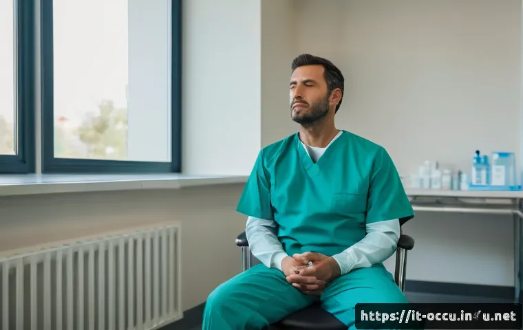 응급구조사 직무 스트레스 관리 - A professional emergency worker in a modern Italian hospital break room, sitting calmly on a chair p...