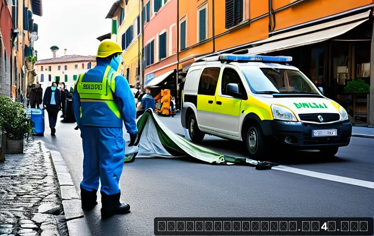 응급구조사 출동 프로토콜 - A detailed scene showing an emergency response team arriving at an accident site on a busy Italian c...