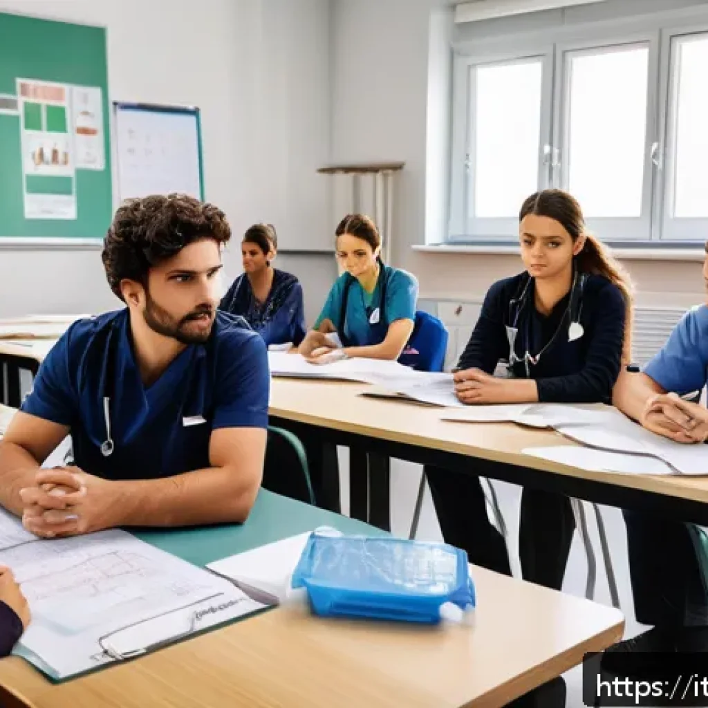 응급구조사 전문 교육 과정 - A professional Italian emergency medical responder training scene inside a modern classroom: diverse...