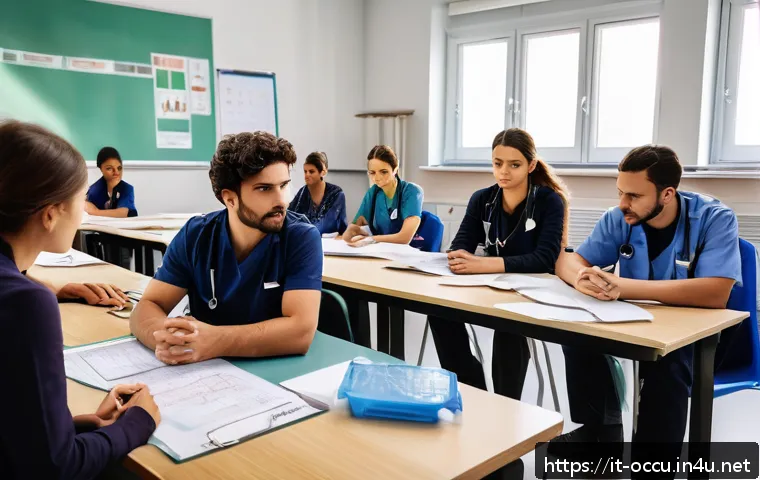 응급구조사 전문 교육 과정 - A professional Italian emergency medical responder training scene inside a modern classroom: diverse...