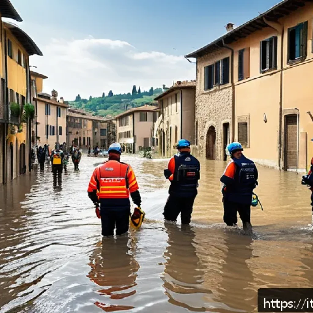 응급구조사와 지역 사회 협력 - A detailed scene of a coordinated emergency response in a small Italian town during a flood, showcas...