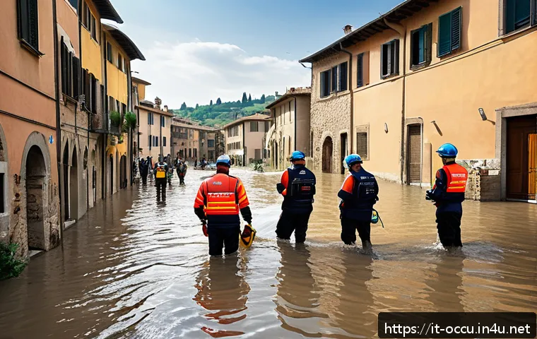 응급구조사와 지역 사회 협력 - A detailed scene of a coordinated emergency response in a small Italian town during a flood, showcas...