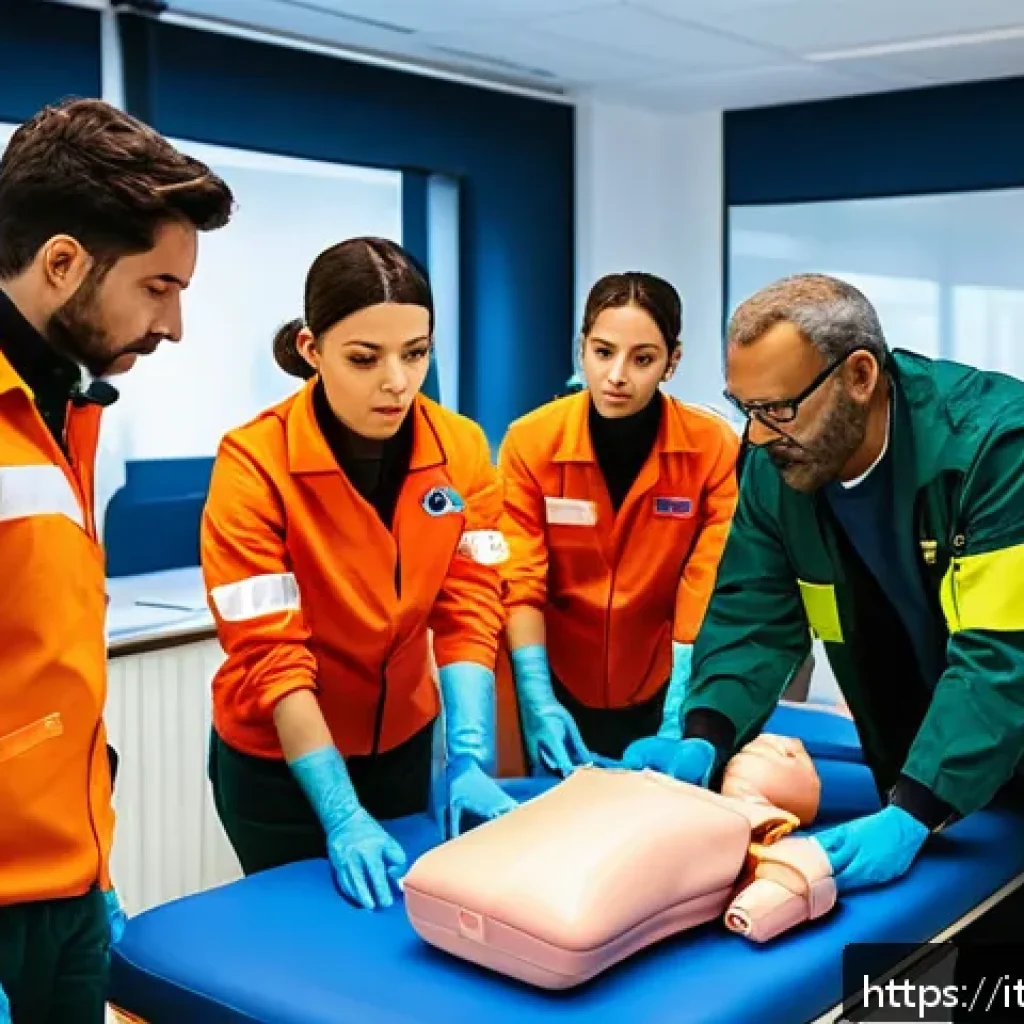 응급구조사 실기 시험 준비법 - A realistic training scene in an Italian emergency medical training center, showing a diverse group ...