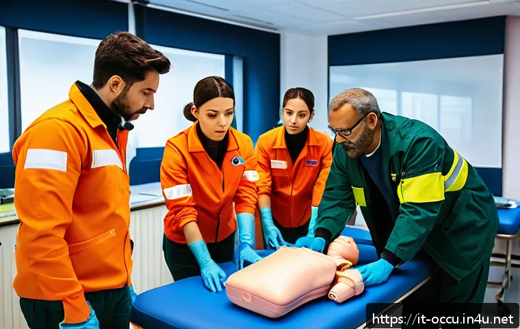 응급구조사 실기 시험 준비법 - A realistic training scene in an Italian emergency medical training center, showing a diverse group ...