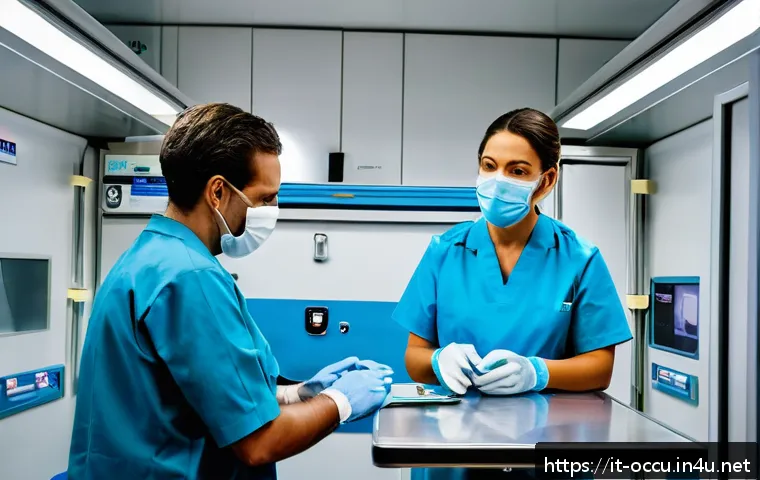응급구조사와 출동 준비 과정 - A detailed scene inside an Italian emergency medical team&rsquo;s ambulance station, showing healthcare op...