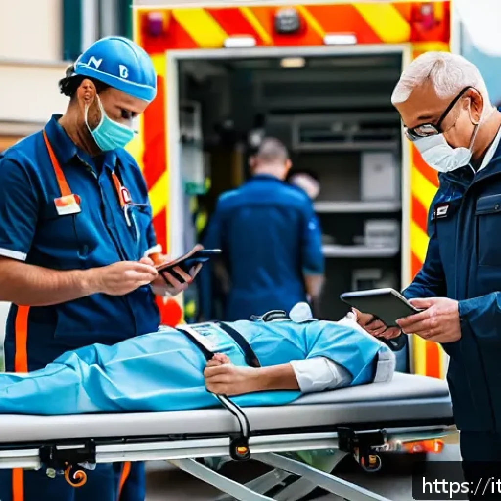 응급구조사와 환자 분류 기술 - A busy emergency triage scene in Italy featuring paramedics and medical staff using modern mobile de...