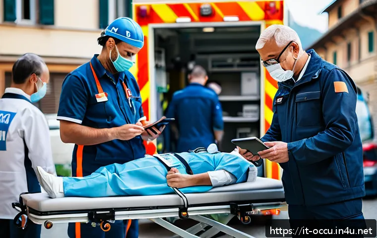 응급구조사와 환자 분류 기술 - A busy emergency triage scene in Italy featuring paramedics and medical staff using modern mobile de...